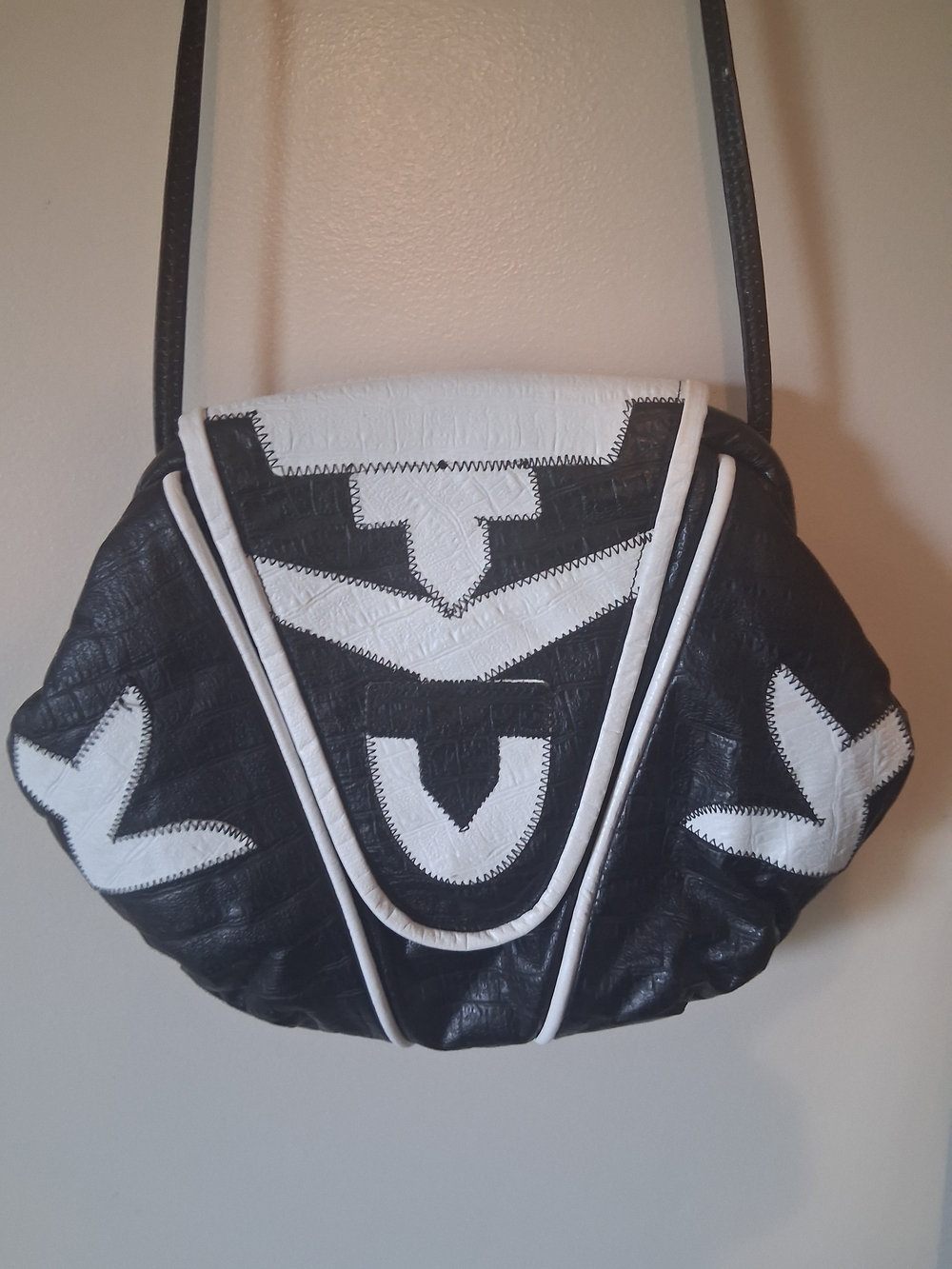 Vintage Y&S New York Leather Black & White Geometric Patchwork Crossbody Bag